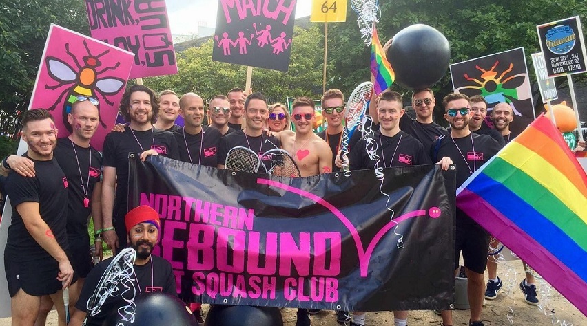 Group of players from Northern Rebound LGBTQ+ squash club